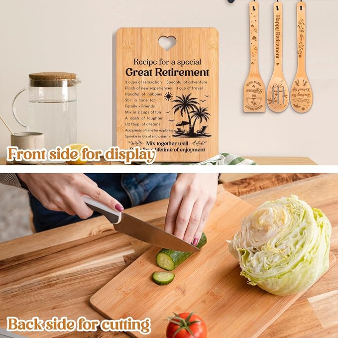 Retirement Gifts for Woman/Men 2026, Happy Retirement Bamboo Cutting Board Set for Colleagues, Friends, Teachers, Bosses, Parents, Family - Recipe for a Special Great Retirement.