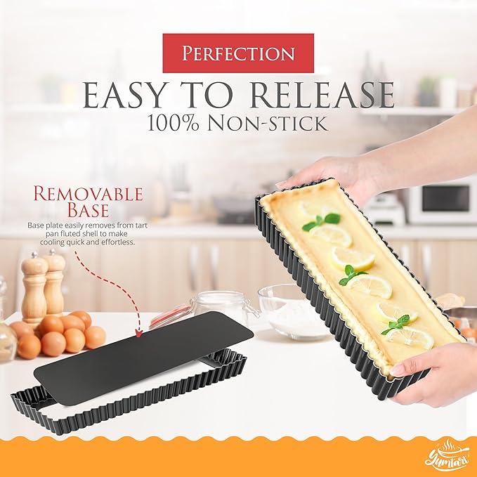 YUMTART 14 Inch Rectangular Tart Pan with Removable Bottom - Non-Stick, Deep Fluted for Tarts, Quiches, and Pies