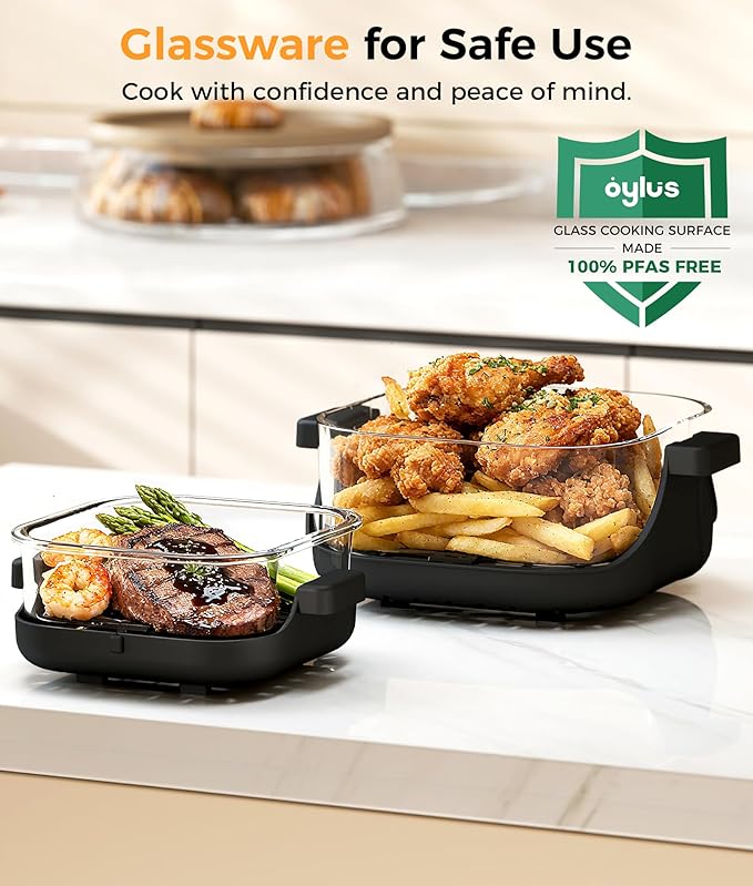 Oylus 4-in-1 Portable Glass Air Fryer - 1500W, 400°F Precise Heat, 4.2QT & 1.6QT Dual Glass Containers and Lids, Non-Toxic, Max Crisp/Bake/Air Fry/Recrisp,Microwave, Freezer & Dishwasher Safe