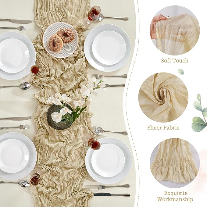 6 Pack Beige Valentine's Day Cheesecloth Table Runner 10FT Long Boho Gauze Table Runner Rustic Sheer Runner for Wedding Bridal Baby Shower Birthday Party Table Decor Home Easter Decor