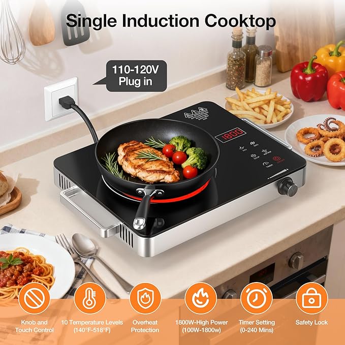 WABK Portable Electric Cooktop, 1800W Infrared Hot Plate Countertop Burner with Handle, 110V Single Burner Electric Stove with Knob & Touch Control, 4-Hours Timer & 10 Power Levels for Home Camping