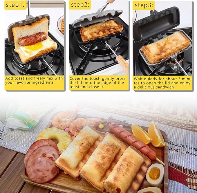 Portable Long Handle - Hot Sandwich Maker - Ideal for Outdoor Camping, Campfire Sandwich & Hobo Pie Maker, Breakfast Skillet Flip Pan