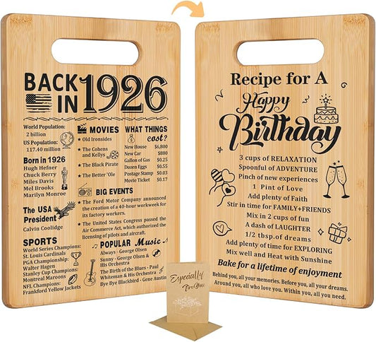 100th Birthday Gifts for Women Men,Back In 1926&Recipe for A Happy Birthday Double sided Cutting Board present for Her Him,100th Bday gift ideas,cool presents for 100 year old woman