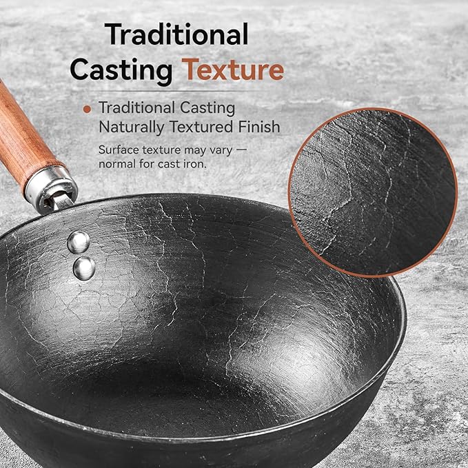VIVIDCOOKWARE 10.2 Inch Cast Iron Wok with Glass Lid, Pre-Seasoned Flat Bottom Wok for Stir-Fry & Saute, Uncoated Iron Wok Pan for Electric, Gas & Induction Cooktops
