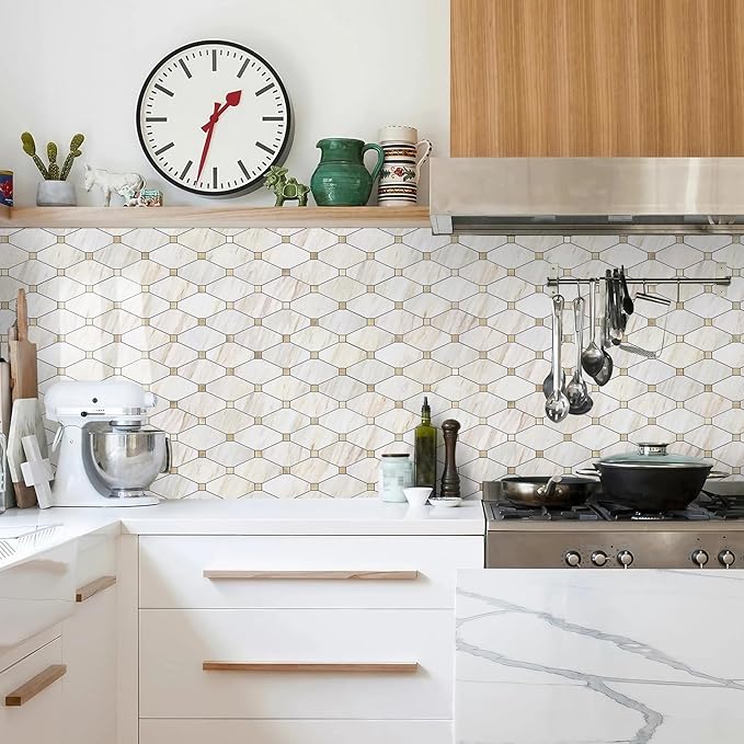 STICKGOO 10 Sheets Peel and Stick Backsplash, Polished Eurasia Biege Marble Look Kitchen Backsplash, Glossy Waterproof Stick on Backsplash for Kitchen Wall, Bathroom