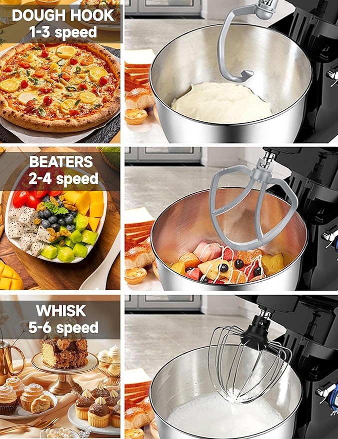 LoMoTive Stand Mixer 6QT Dough Maker - 660W Dough Mixer 6-Speed Electric Mixer with Egg Whisk Dough Hook Flat Beater for Home Kitchen SILVER