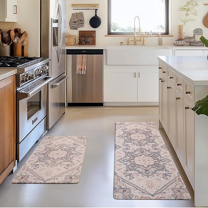 FRESHMINT Anti Fatigue Kitchen Mats Set 2 PCS, Waterproof & Non-Skid Boho Kitchen Rugs, Cushioned Kitchen Floor Mats for Standing Washable Comfort Kitchen Runners for Lanudry, Office, Sink
