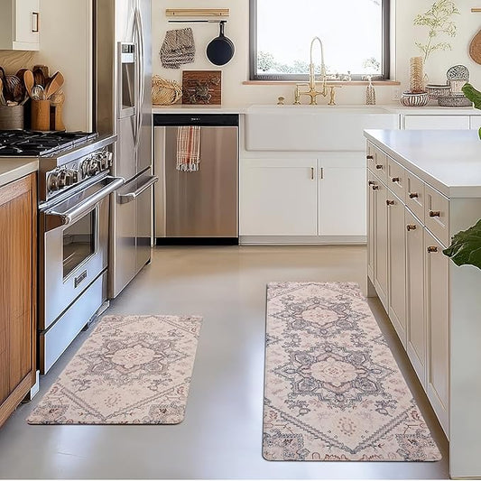 FRESHMINT Anti Fatigue Kitchen Mats Set 2 PCS, Waterproof & Non-Skid Boho Kitchen Rugs, Cushioned Kitchen Floor Mats for Standing Washable Comfort Kitchen Runners for Lanudry, Office, Sink