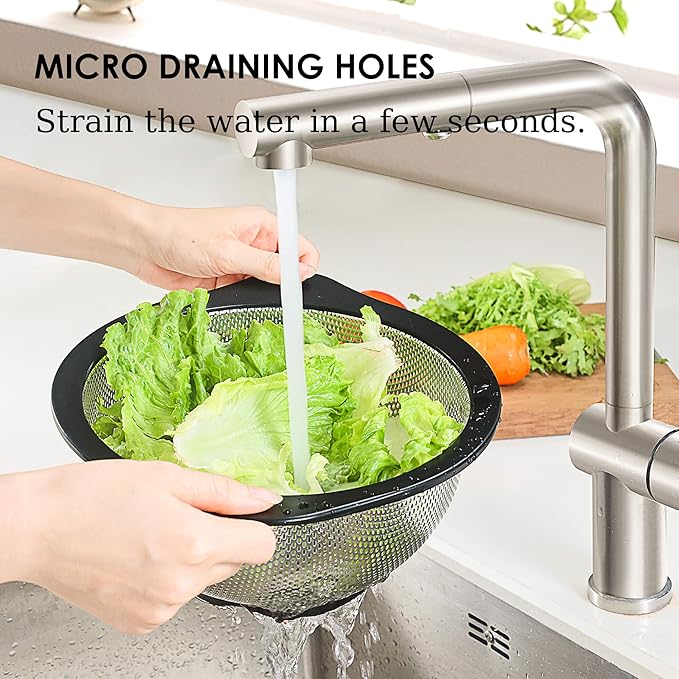 Rorence Colander Set, Stainless Steel Colanders with Non Slip Silicone Handles & Base, 2.5 & 4.3 Qt Dishwasher Safe Colander for Kitchen, Pasta, Vegetables, Fruits, Home Cooks & Families