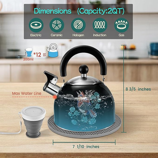 ARC Stainless Steel Whistling Tea Kettle for Stovetop, Magic Color Changing Design Teapot for Stovetop, 2 Quart Black Tea Kettle with Silicone Trivet Mat for Heat Resistant & Folding Cup
