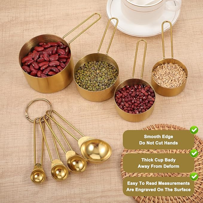 8 Pcs Gold Measuring Cups and Spoons Set 304 Stainless Steel Measuring Spoons Gold with Handles Golden Stackable Kitchen Measure Cups Set For Liquid Dry Ingredient Kitchen Baking Cooking