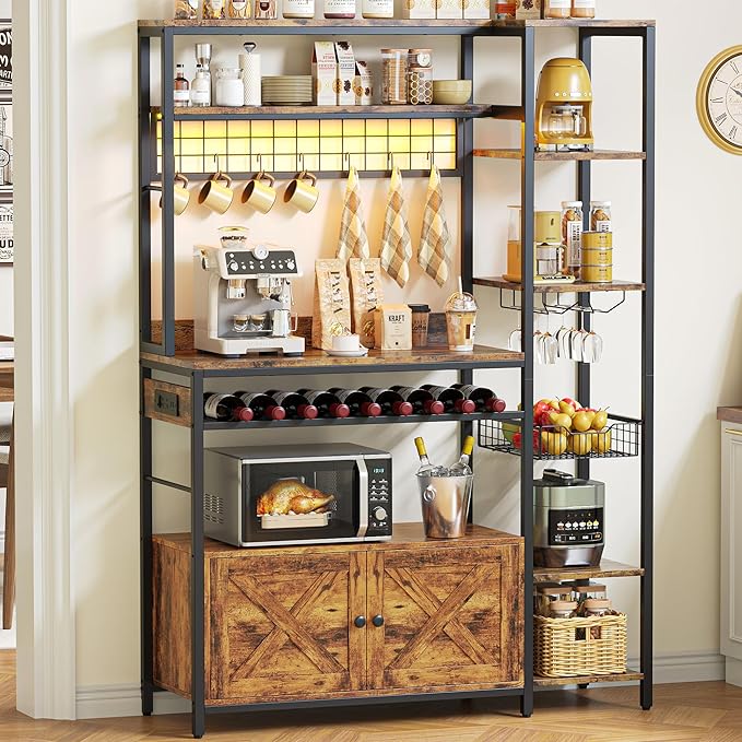IRONCK Bakers Rack with Power Outlet, 47.24 Inch Coffee Bar Cabinet, Kitchen Microwave Stand with Storage, Kitchen Shelf with Shelves, LED Light, Globlet Holder and Wine Basket, Vintage Brown