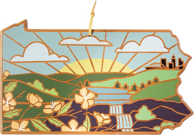 Totally Bamboo Pennsylvania State Shaped Cutting Board and Charcuterie Serving Platter with Artwork by Summer Stokes, Includes Hang Tie for Wall Display