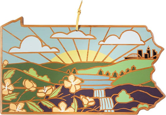 Totally Bamboo Pennsylvania State Shaped Cutting Board and Charcuterie Serving Platter with Artwork by Summer Stokes, Includes Hang Tie for Wall Display