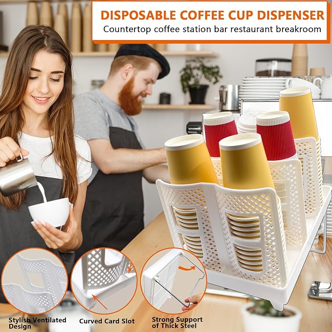 Coffee Cup Organizer Holder, Adjustable Cup and Lid Storage Rack,6 Slots Disposable Paper Cup Dispenser fits 8-22oz,Plastic Cup Stand for Coffee Station Bar Countertop Home Kitchen,White
