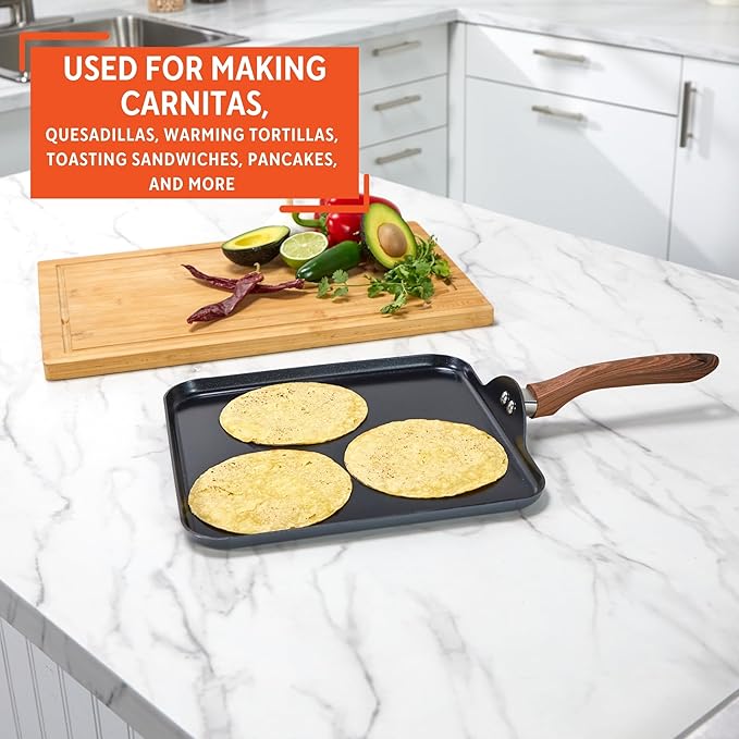 IMUSA 11 Inches Square Griddle Pan with Cool Touch Handle, Non-Stick Ceramic Coated, Talavera design