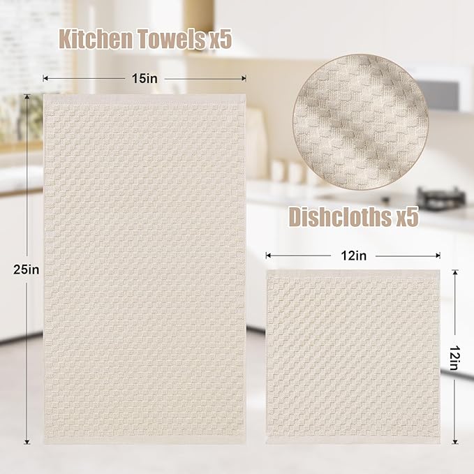 Homaxy 100% Cotton Kitchen Towels and Dishcloths Set, 12 x 12 & 15 x 25 Inches, Set of 10 Bulk Terry Cloth Dish Towels, Super Soft and Absorbent Hand Towel with Hanging Loop, Beige