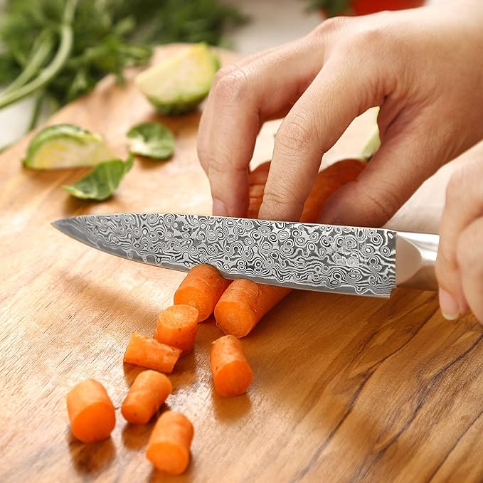 zayiko Black Edition Damascus Utility knife 5-inch blade extremely sharp from 67 layers I Damascus kitchen knives and professional chef's knives made of genuine Japanese Damascus with Pakka wood