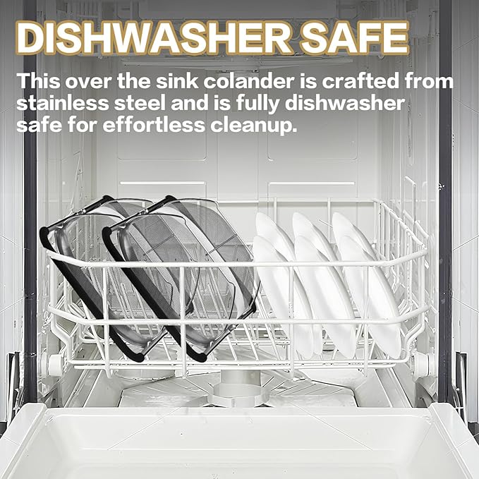 Over the Sink Colander - 6QT Strainers and Colanders - Stainless Steel Strainer - Expandable Sink Colander with Rubber Grip for Strain, Drain, Rinse Fruits, Vegetables, Home Kitchen Essentials