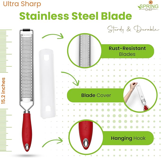 Spring Chef Stainless Steel Lemon Zester Grater with Handle - Garlic, Cheese, Parmesan, Nutmeg, Lime, Ginger Grater - Heavy Duty Kitchen Tool - Citrus Zester with Blade Cover - Fine Shred - Red