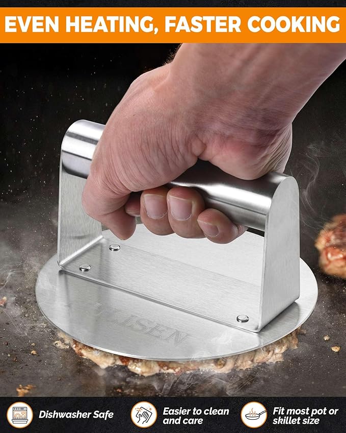 HULISEN Stainless Steel Burger Press, Burger Smasher for Griddle, 5.5 Inch Round Hamburger Grill Press for Flattening Hamburger Patty, Smashing Burger, Flat Top Grill Cooking Tool, Dishwasher Safe