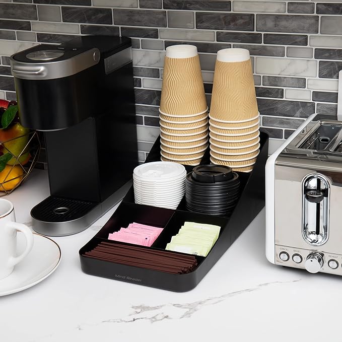 Mind Reader Cup and Condiment Station, Countertop Organizer, Coffee Bar, Kitchen, Stirrers, 7.25" L x 15.5" W x 5.25" H, Black (Pack of 4)