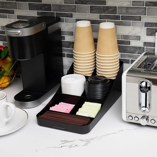 Mind Reader Cup and Condiment Station, Countertop Organizer, Coffee Bar, Kitchen, Stirrers, 7.25"L x 15.5"W x 5.25"H, Black