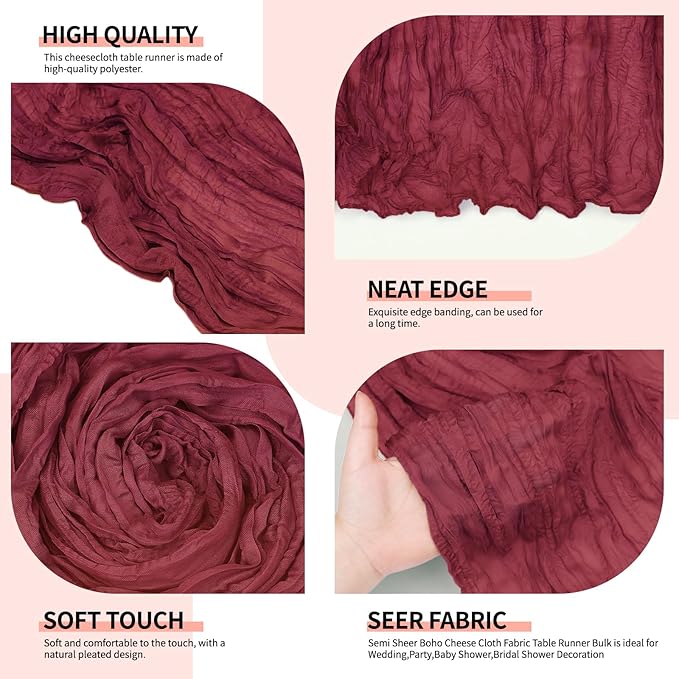 4 Pcs Burgundy Christmas Cheesecloth Table Runner 10Ft, Gauze Table Runners 21.5 x 120 inch, Semi Sheer Cheese Cloth Fabric Runner Bulk for Wedding,Party,Baby Shower,Bridal Shower