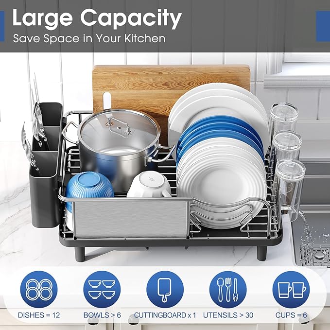 Stainless Steel Dish Drying Rack - Large Capacity Kitchen Counter Organizer with Drain Board, Utensil Holder & Detachable Cup Shelf, Surgical-Grade Rust-Proof Dish Drainer, Easy Assembly