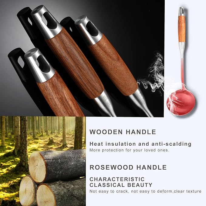 Stainless Steel Kitchen Utensils Set with Wooden Handle for Cooking 9 PCS with Solid and Slotted Spoon, Fork, Spatula, Ladle, Skimmer, Slotted Tunner, Spaghetti and Large Spoon