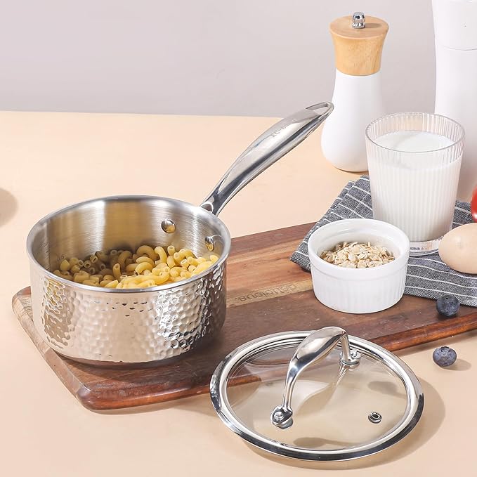 KC-Emier 1-Quart Saucepan with Lid, Tri-Ply Stainless Steel Pot with Stay-Cool Handle & All Cooktop Compatibility (Gas, Ceramic, Electric) - Silver Hammered
