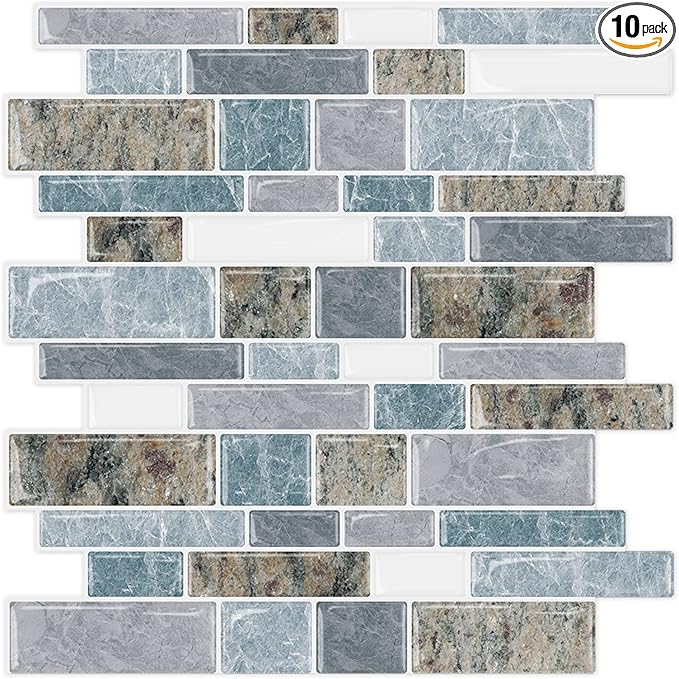 STICKGOO 10-Sheet Peel and Stick Backsplash for Kitchen, Decorative Self Adhesive Backsplash Tiles(Light Blue & Brown Granite, Thicker Design)
