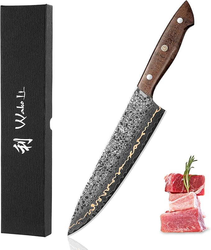 Wakoli Kawa Chef Knife, 7.9-Inch Blade Damascus Knife | 67-Layer Damascus Steel with VG10 Core | Copper Inlay | Maple Stabilized Wood Handle | Professional Kitchen Knife