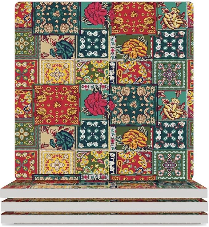 Square-4PCS Floral Ceramic Coasters, Square Absorbent Drink Coasters, Abstract Perris Flower Nature Plant Colorful Boho Floral Ceramic Table Coasters for Coffee, Beverage, Wine, Beer Coasters