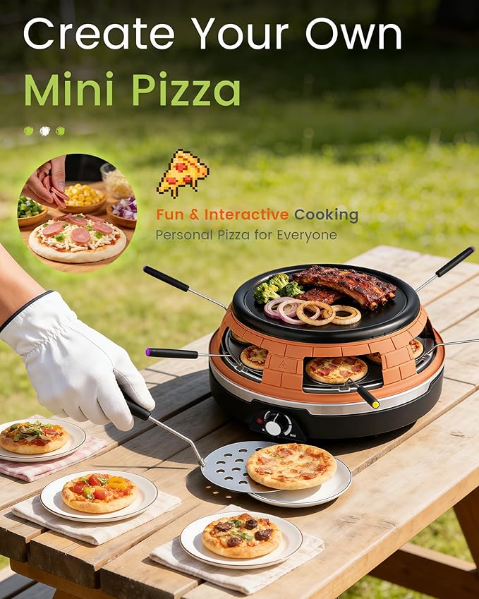 Saenchue Multifunction Raclette Grill & Mini Pizza Oven, 1200W Electric Pizza Oven with Flat Griddle Top, Indoor Grill with 6 Mini Pizza Baking Slots, Temperature Control, Personal Pizza Maker, PM-01
