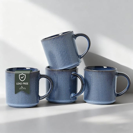 MONITO 16Oz Coffee Mugs Set of 4, Rustic Ceramic Coffee Cups Set with Large Handle, Vintage Striped Stoneware Coffee Mugs for Latte, Cocoa, Tea, Milk, Microwave & Dishwasher Safe, Deep Blue