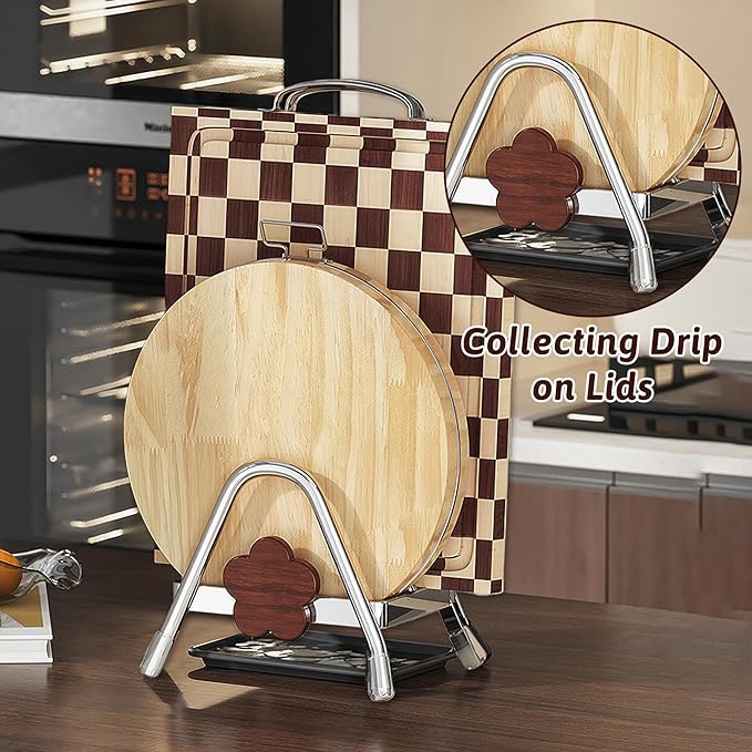 Cutting Board Rack - Double Layer Stainless Steel Chopping Board Pot Lid Holder Stand with Drain Tray, Stable Triangle for Kitchen Countertop Pan Plate Cutting Boards Cooking Mats Cookware