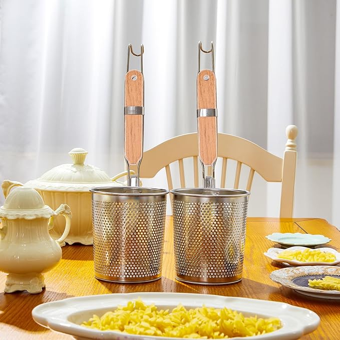 Tessco for you 6 Pcs Stainless Steel Pasta Basket with Wood Handle Pasta Strainer Kitchen Mesh Spider Noodle Strainer Skimmer Food Dumpling Noodle Blanching Basket(4.7 Inch,Light Wood Color)