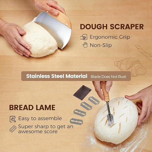 Banneton Bread Sourdough Proofing Basket - Sourdough Starter Kit Set of 2, Sourdough Bread Baking Supplies 10" Oval Set of 2, Bread Proofing Basket with 6 Accessories