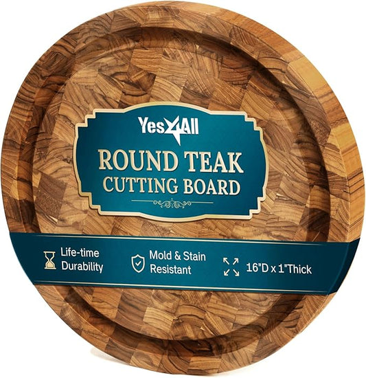 Yes4All Round Teak Cutting Boards for Kitchen, [16"D x 1"Thick] End Grain Cutting Board, Teak Wood Serving Board, Food Safe Surface for Slicing and Serving, Wood Charcuterie Board with Build In Handle