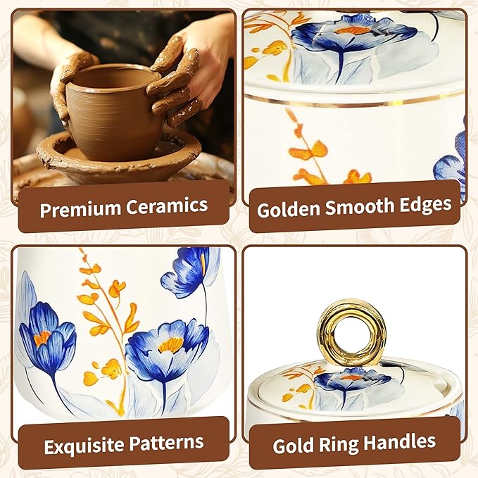 JUSONEY Ceramic Sugar Bowl with Lid and Spoon with Floral Pattern, Gold Trim - 7.5oz Elegant Sugar Jar with Lid and Spoon, Nordic Style for Kitchen, Dining, Cafe, Gift Idea (C)