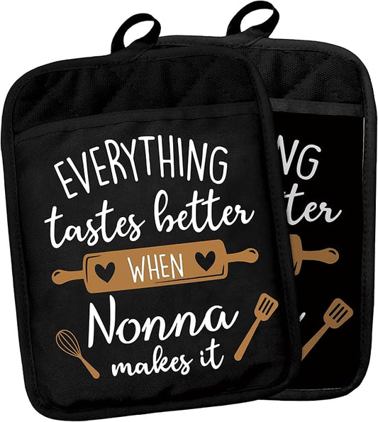 Nonna Gifts Pot Holders with Pockets, Grandma Kitchen Gifts, Everything Tastes Better When Nonna Makes It Pot Holders Heat Resistant Oven Mitts Hot Pads for Kitchen Baking Cooking