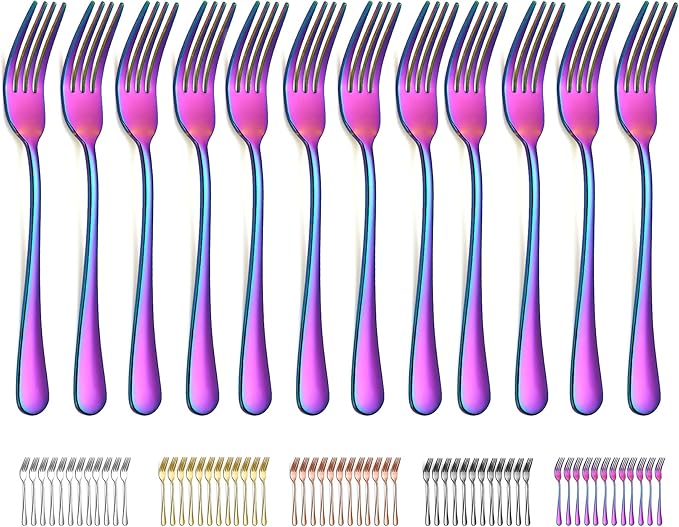 Evanda Rainbow Dinner Fork 12 Pieces, Rainbow Titanium Plating Stainless Steel 8.07inch Forks, Cake Forks, Table Forks,Dessert Forks, Easy To Clean, Dishwasher Safe
