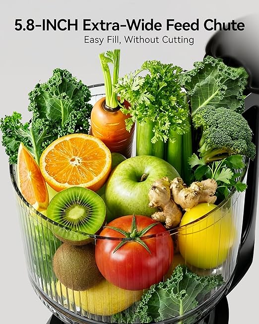 Cold Press Juicer, EUHOMY 5.8" Wide Feed Chute Juice Extractor Machine with 400W, High Juice Yield, Slow Masticating Juicer for Whole Vegetables & Fruits, Deep Silver