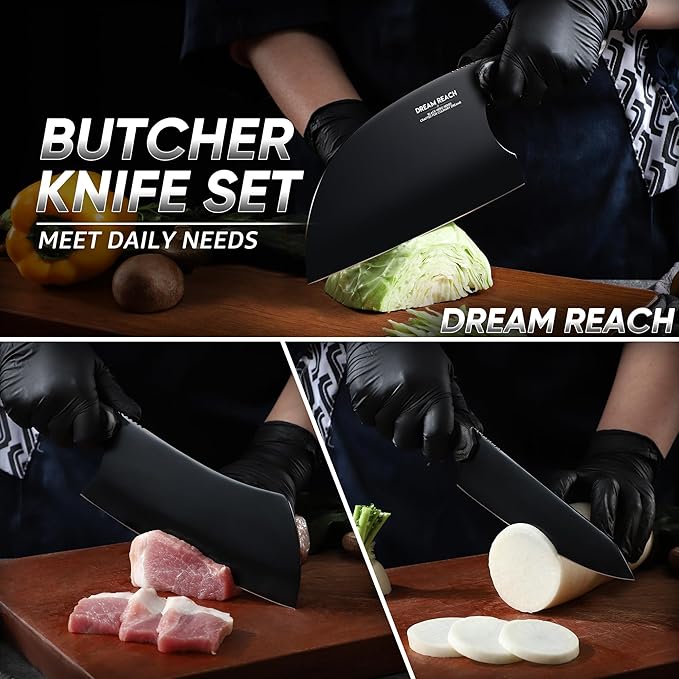 Dream Reach Butcher Knife Set - 3PCS Black Cleaver Knives Kit for Meat Cutting BBQ Outdoor Hand Forged Serbian Chef Cleaver for Mother Father Gift Idea