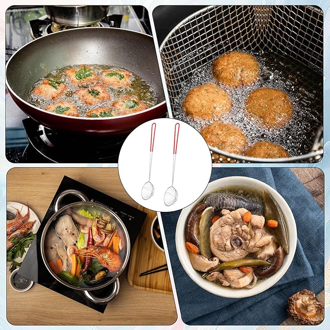 2Pcs Stainless Steel Hot Pot Strainer Spoons, 2 Sizes Fatsoff Soup Scoop Boba Spoon Scoop with Handle Ladle Wire Cooking Spider Skimmer Spoon for Hot Pot, Kitchen, Meatball, Oil Filter