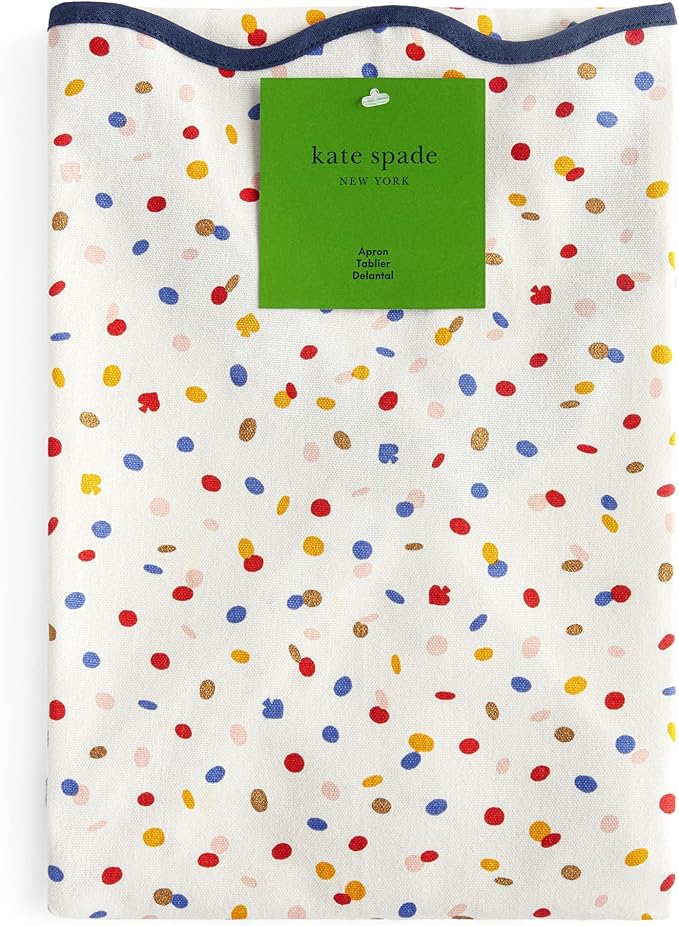 Kate Spade New York Sparkling Confetti Kitchen Apron, 100% Cotton with Adjustable Neck Tie, "Stir Up Trouble" Print, Metallic Accents, Double Pockets, Machine Washable, White, 33"x33"