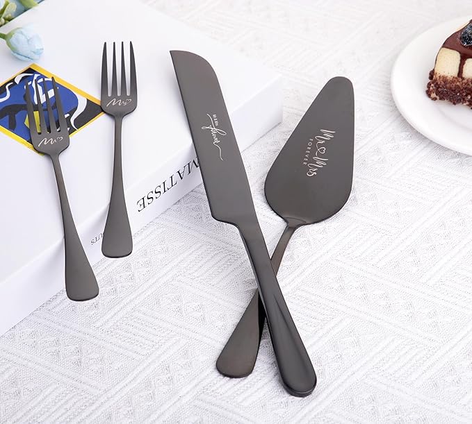 Wedding Cake Knife and Server Set, Cake Cutting Set for Wedding, 4 Pieces Cake Pie Sever set and Forks, Wedding Gifts, Bridal Shower Gifts for Couples (Black)