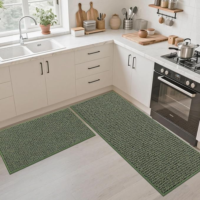 JSEI Kitchen Rugs and Mats, 2PCS Non-Slip Kitchen Mats for Floor, Machine Washable Absorbent and Stain Resistant Kitchen Runner, Carpet Mats with TPR Backing for, 24''x36''+24''x6'0', Green