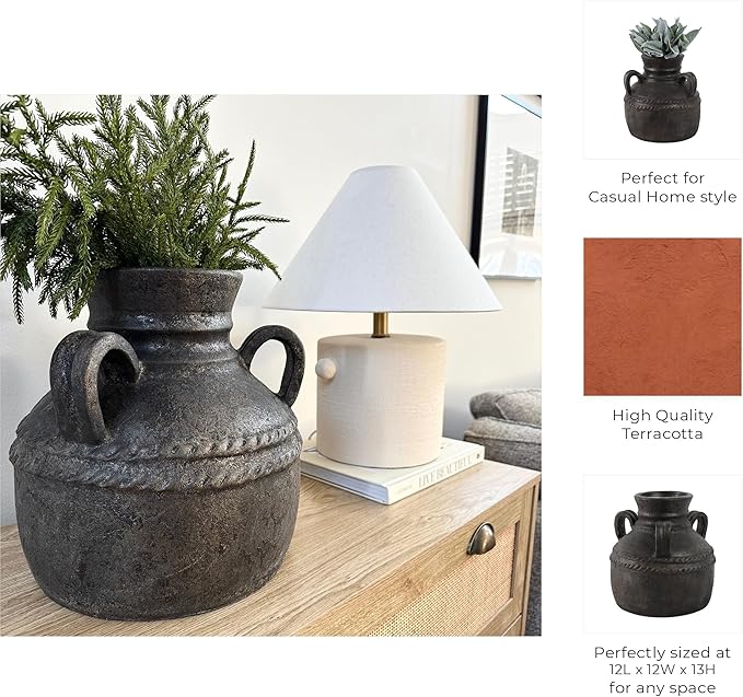 Terracotta Triple Handle Vase for Living Room Decor - Casual Home Decor Accent for Entryway, Bedroom, and Office Shelf - Decorative Flower Vase for House and Dining Room Table - 12", Black